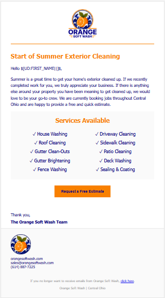 Orange Soft Wash Start of Summer Exterior Cleaning seasonal email campaign newsletter sent via Zoho CRM